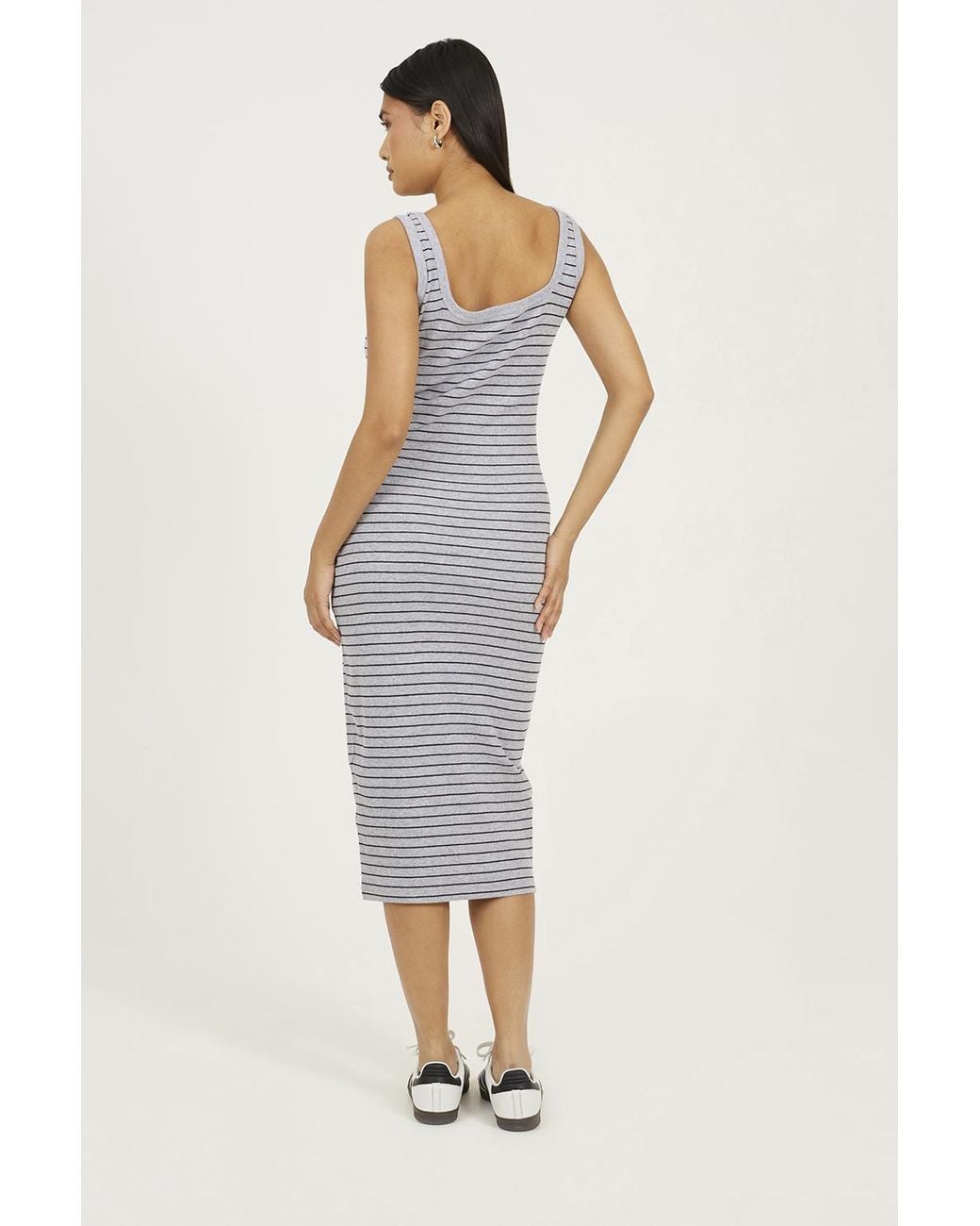 Brave Soul Gray Cotton Jersey Scoop Neck Stripe Bodycon Midi Dress