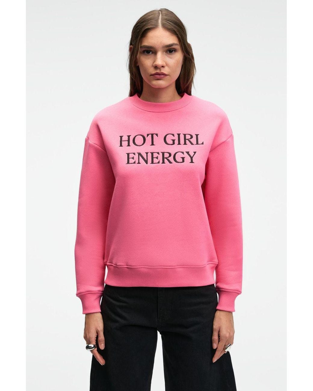 Grimelange Pink Oversized Crew Neck Slogan Sweatshirt