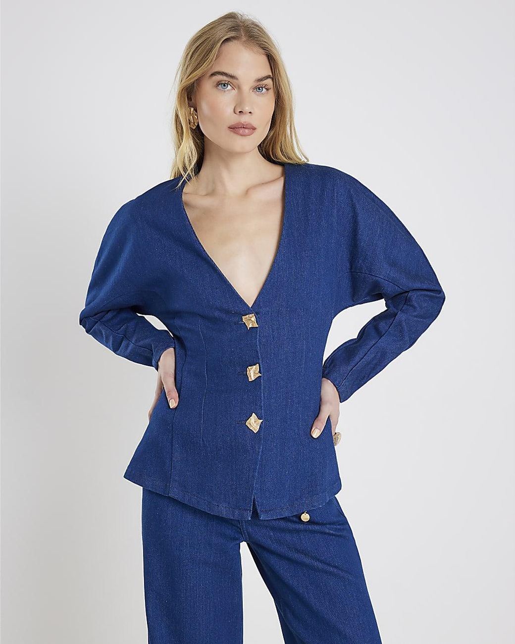 River Island Blue Top Denim Button Front Long Sleeve Cotton
