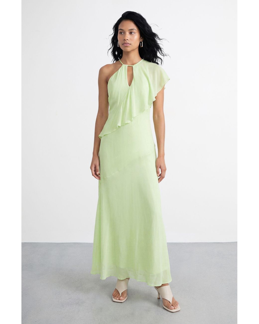 Warehouse Green One Shoulder Asymentric Ruffle Maxi Dress