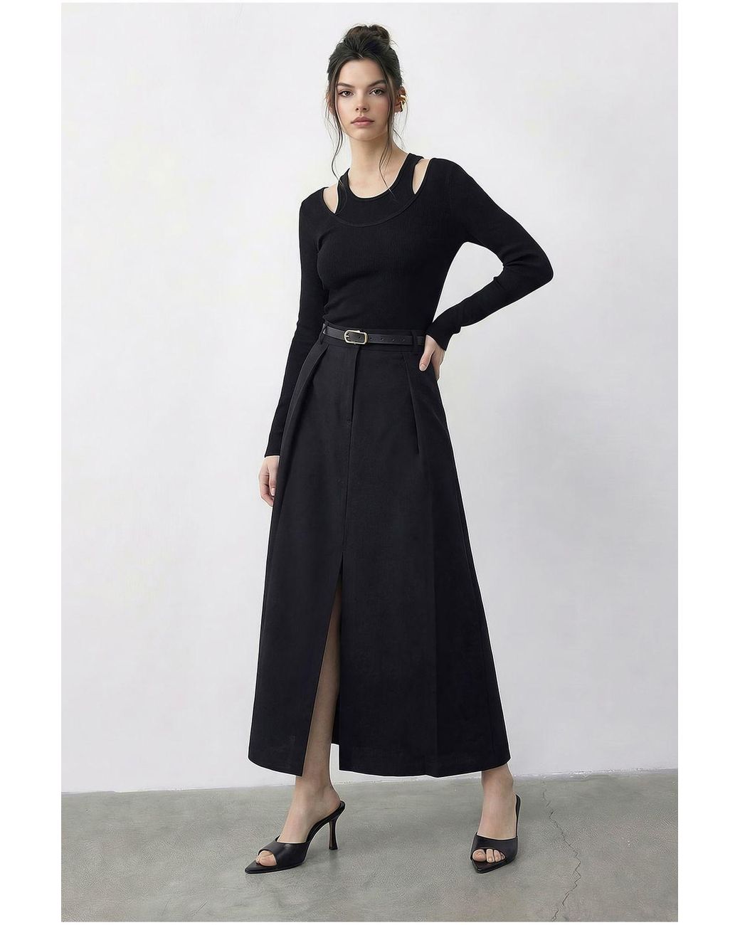 Bianco Lucci Black High Waist Midi A-Line Skirt With Belt