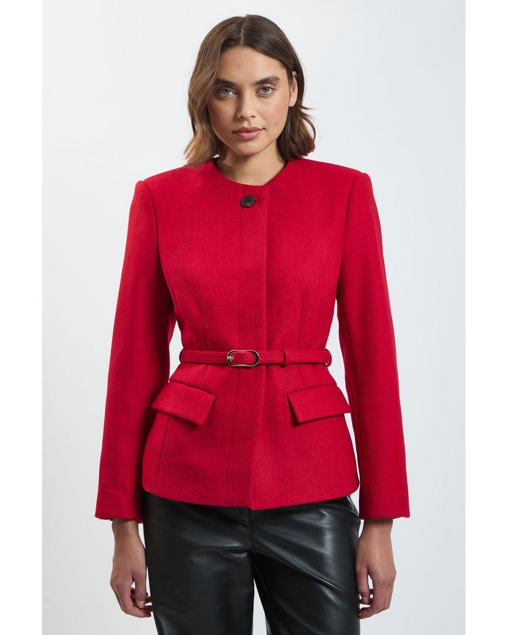 Karen Millen Wool Blend Belted Collarless Tailored Coat
