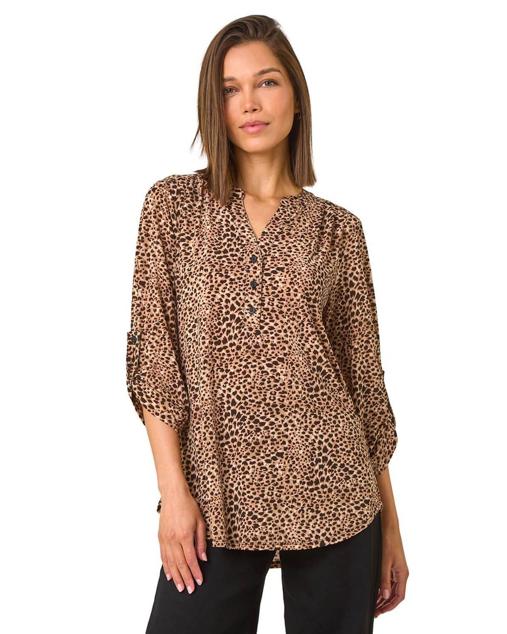 Roman Brown Animal Print Stretch Blouse