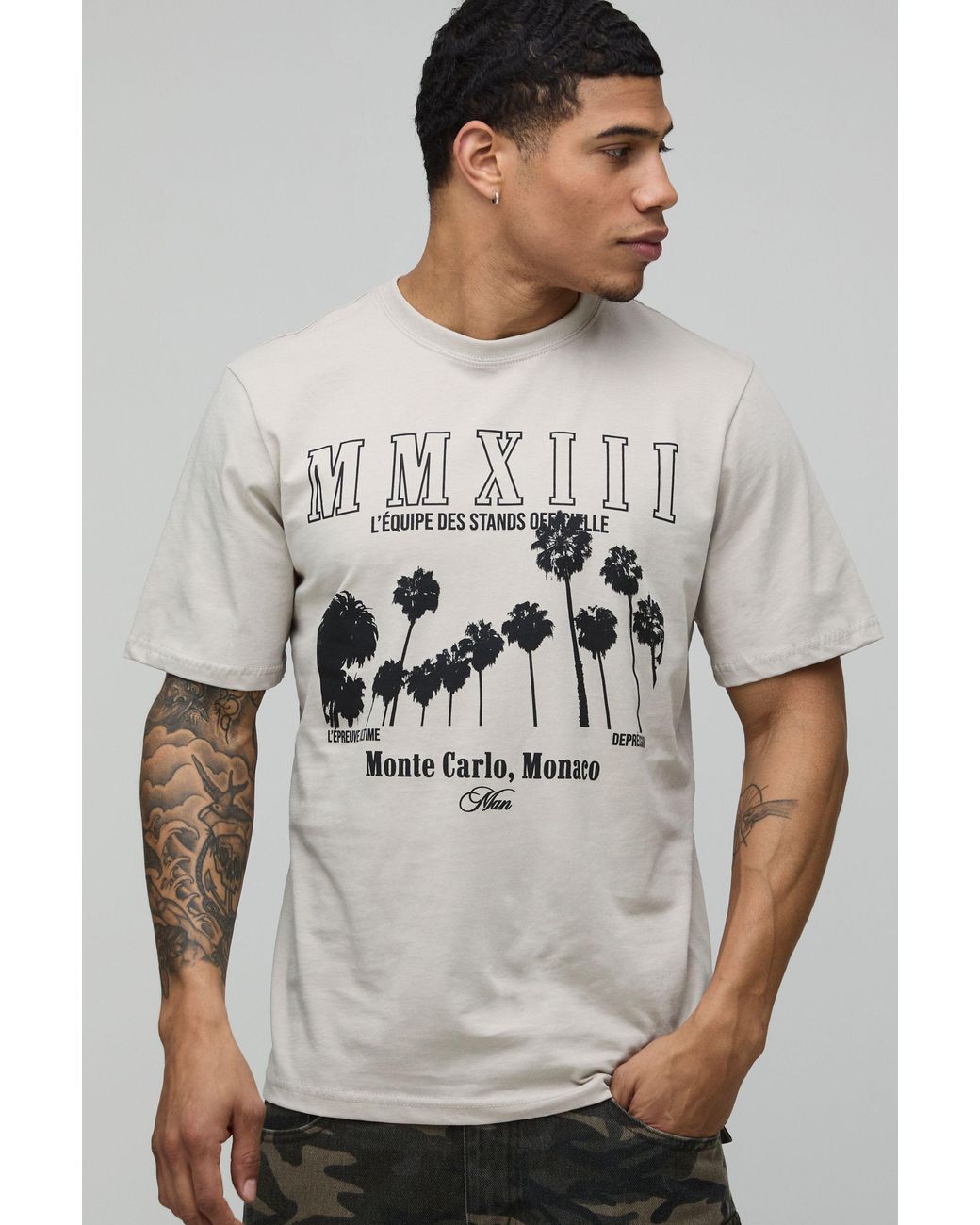 BoohooMAN Gray Stone Regular Palm Graphic T-Shirt for men