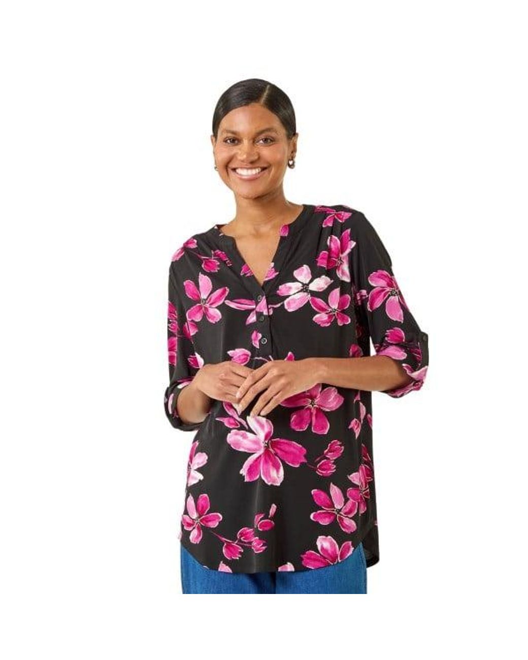 Roman Red Floral Puff Print Stretch Top