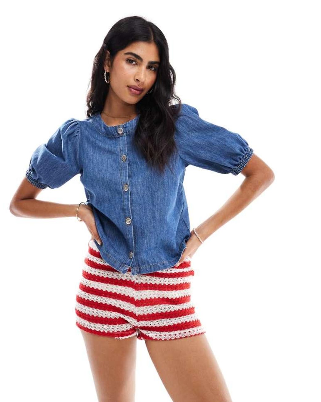 Miss Selfridge Blue Puff Sleeve Denim Top