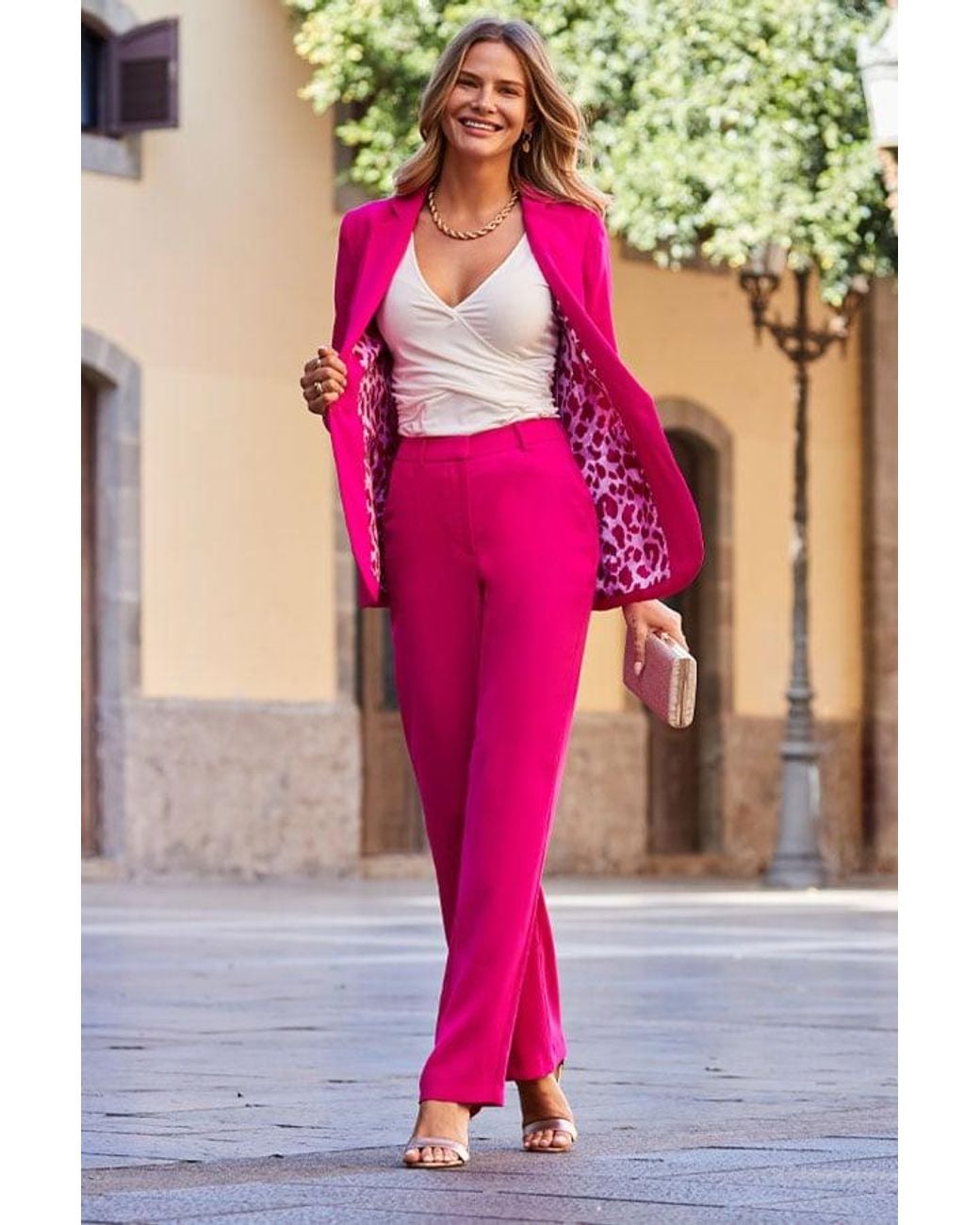 Sosandar Pink Petite Hot High Waisted Wide Leg Trousers