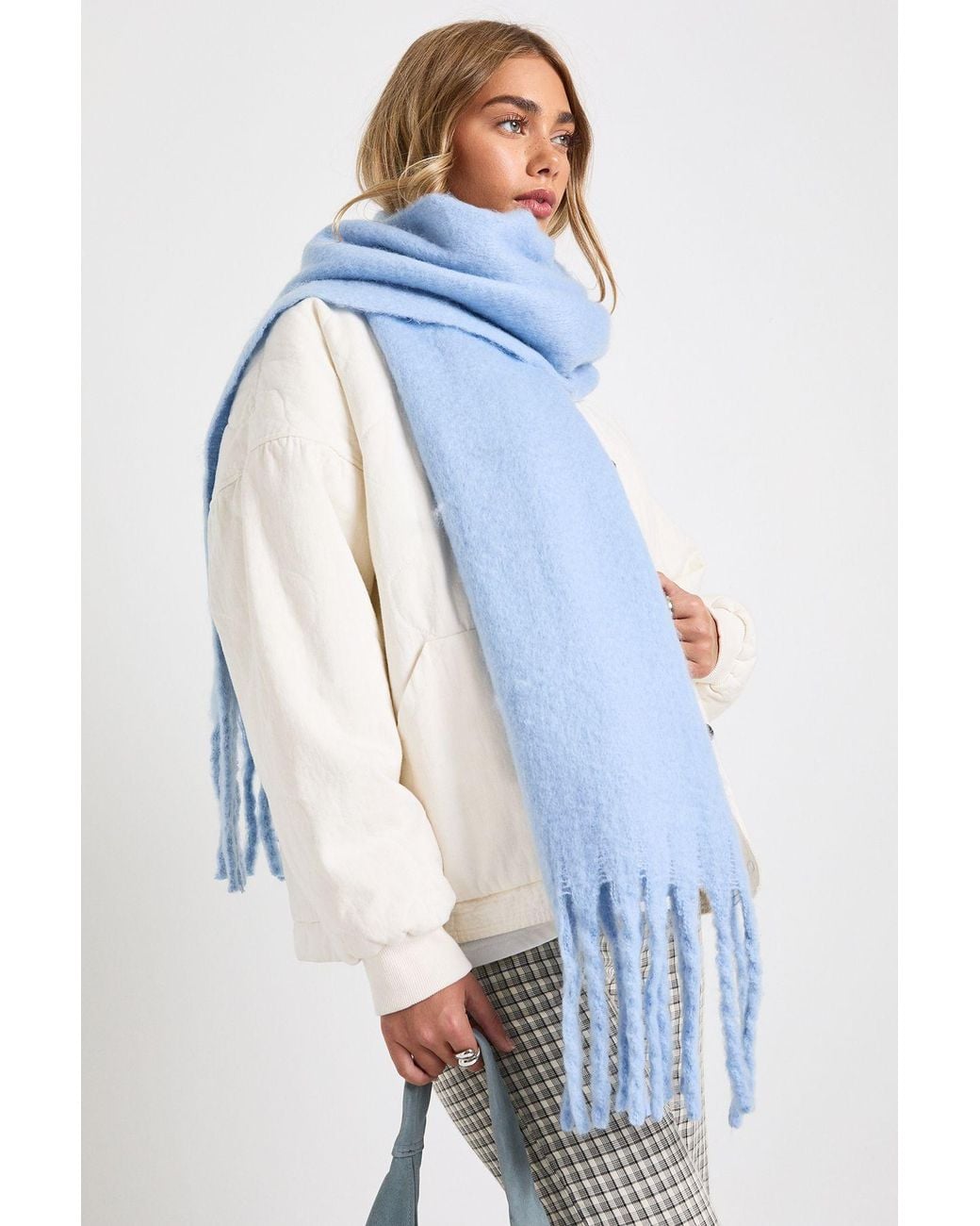 Boohoo Blue Oversized Tassel Fluffy Scarf