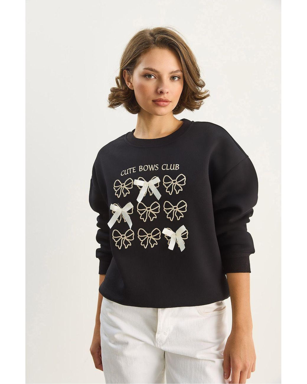 Bianco Lucci Black Ribbed Printed Crew Neck Long Sleeve Sweatshirt