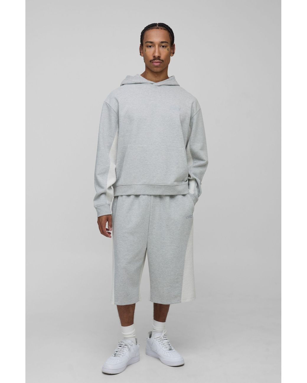 BoohooMAN Gray Oversized Reverse Loopback Drop Crotch Tracksuit for men