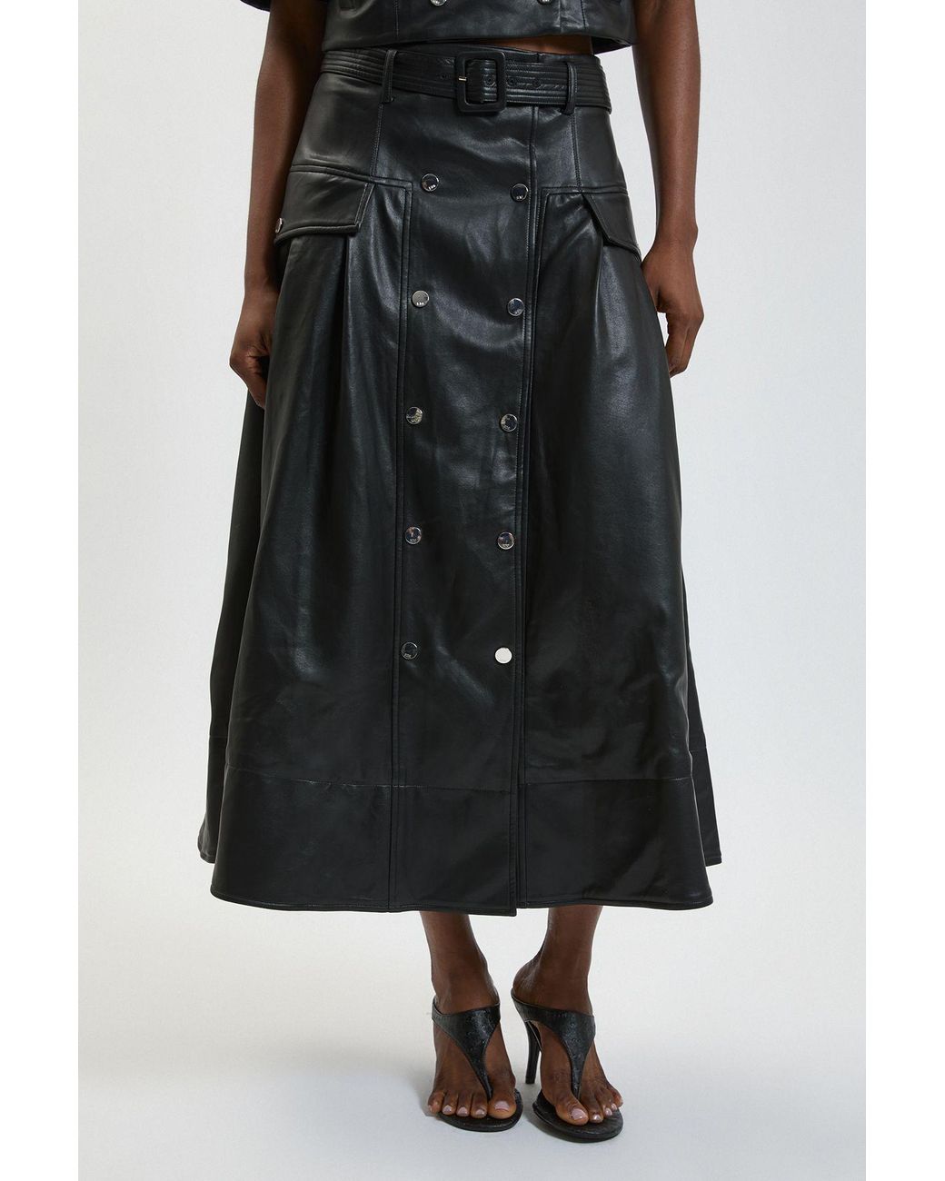 Karen Millen Black Faux Leather Pleated Full Skirt