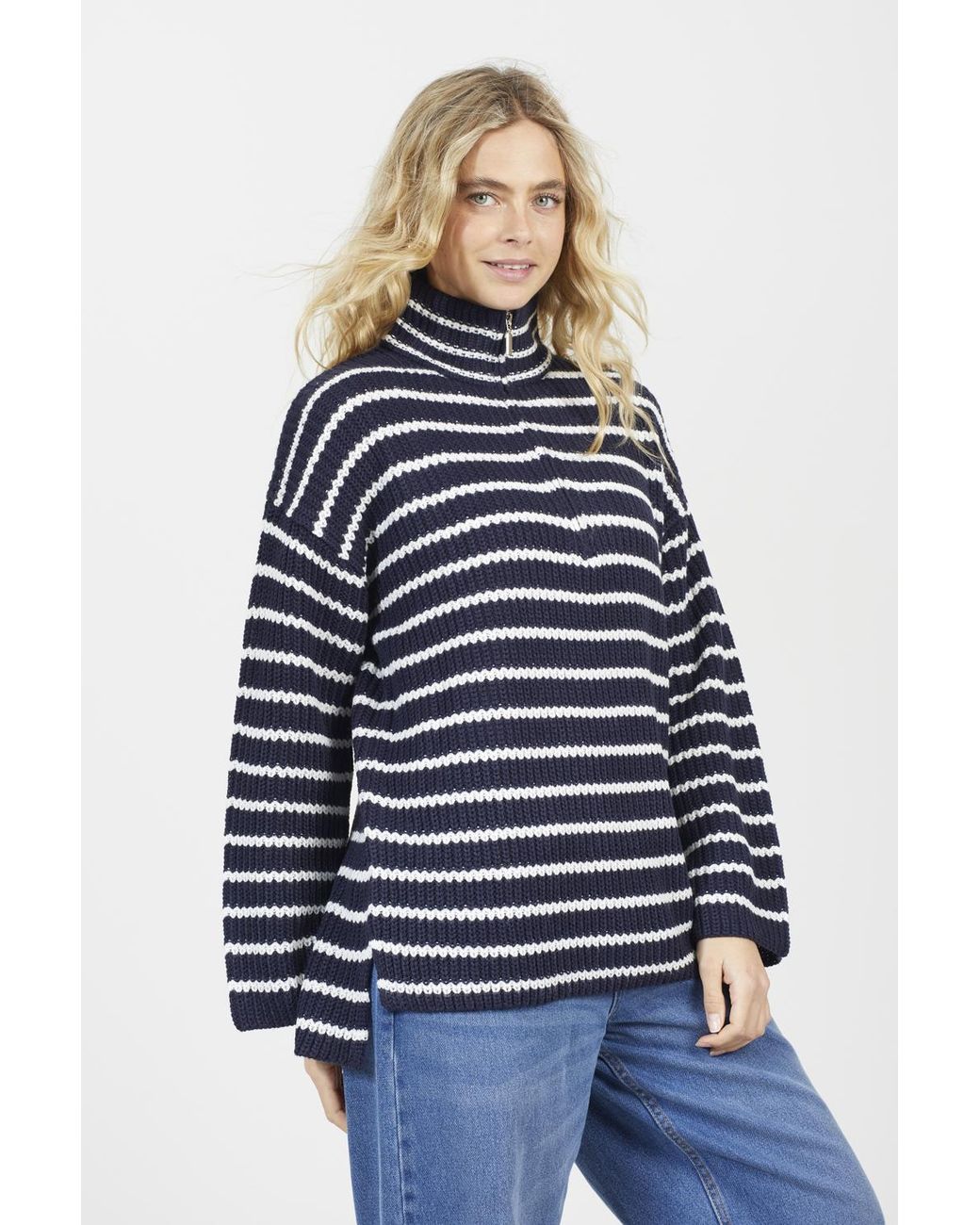 Brave Soul Blue Striped Fisherman Knit Zip Neck Tunic Jumper