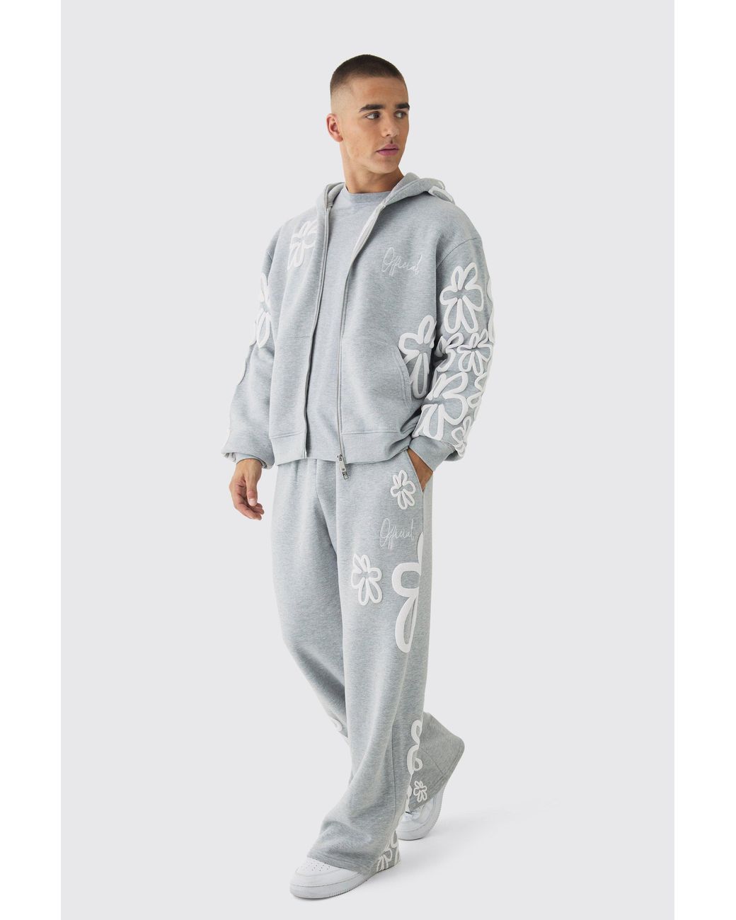 BoohooMAN Gray Oversized Boxy Floral Puff Print Zip Through Tracksuit for men