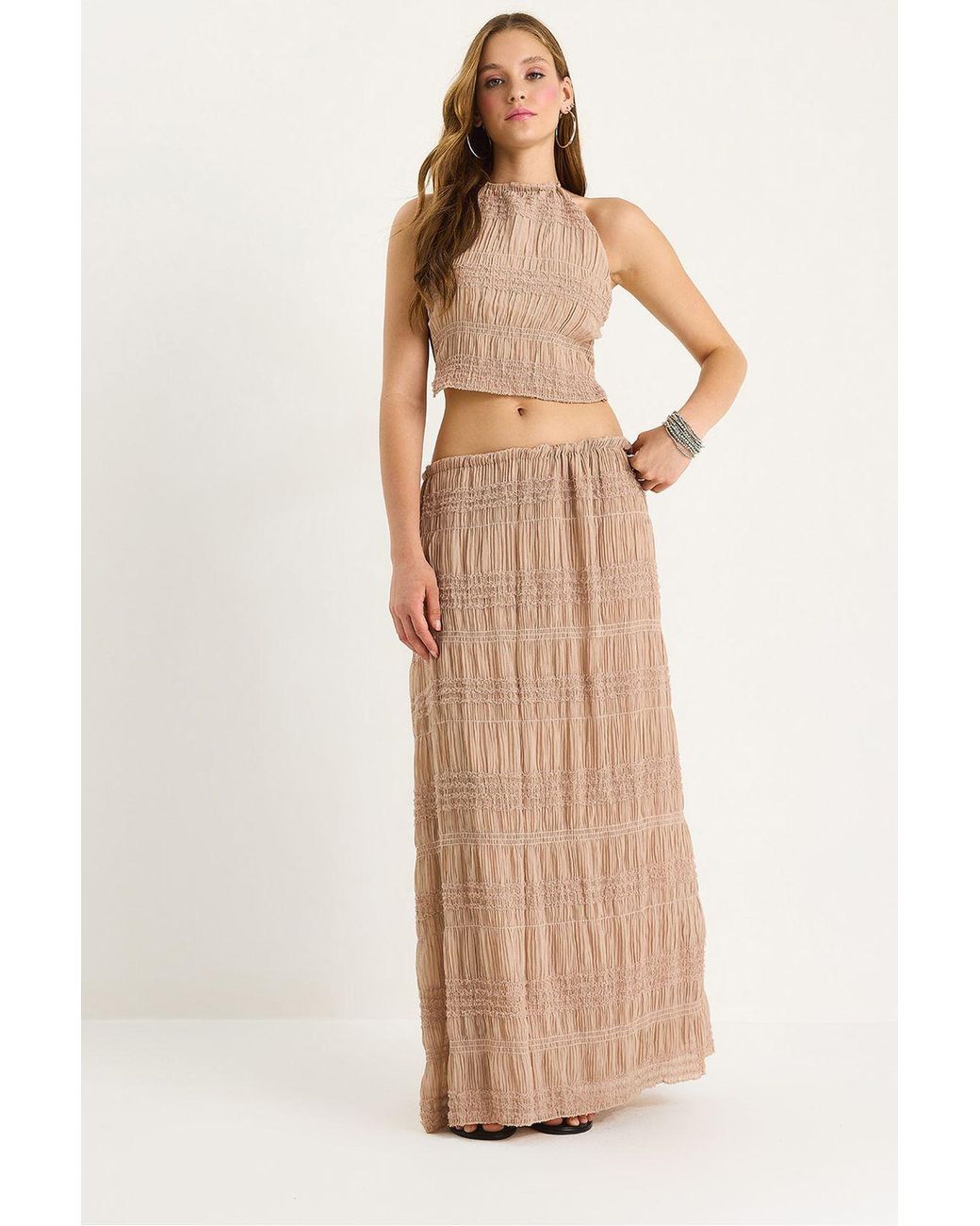 Bianco Lucci Natural Textured Striped Tulle Two-Piece Set