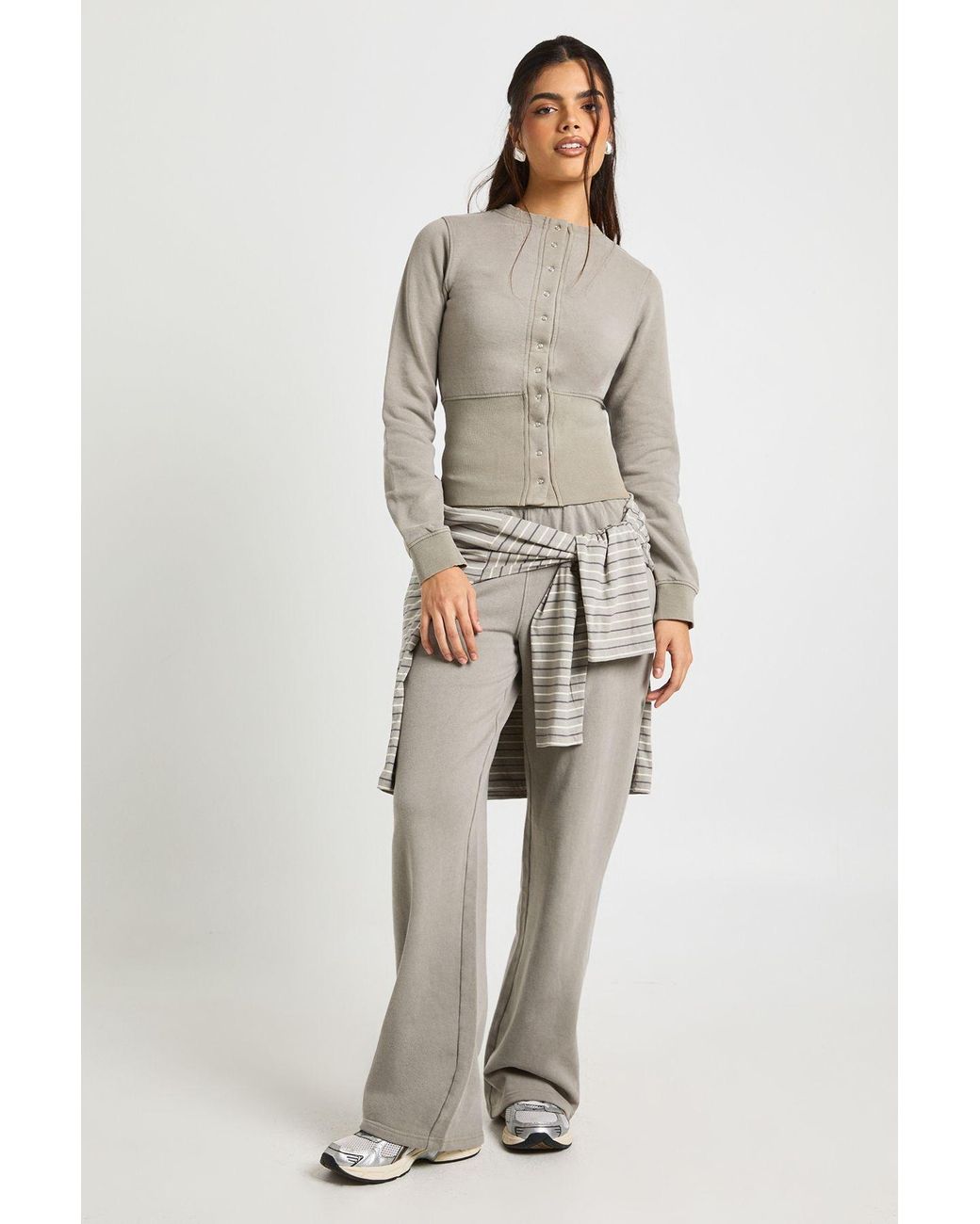 Boohoo Natural Washed Deep Hem Popper Bomber Sweatshirt Tracksuit