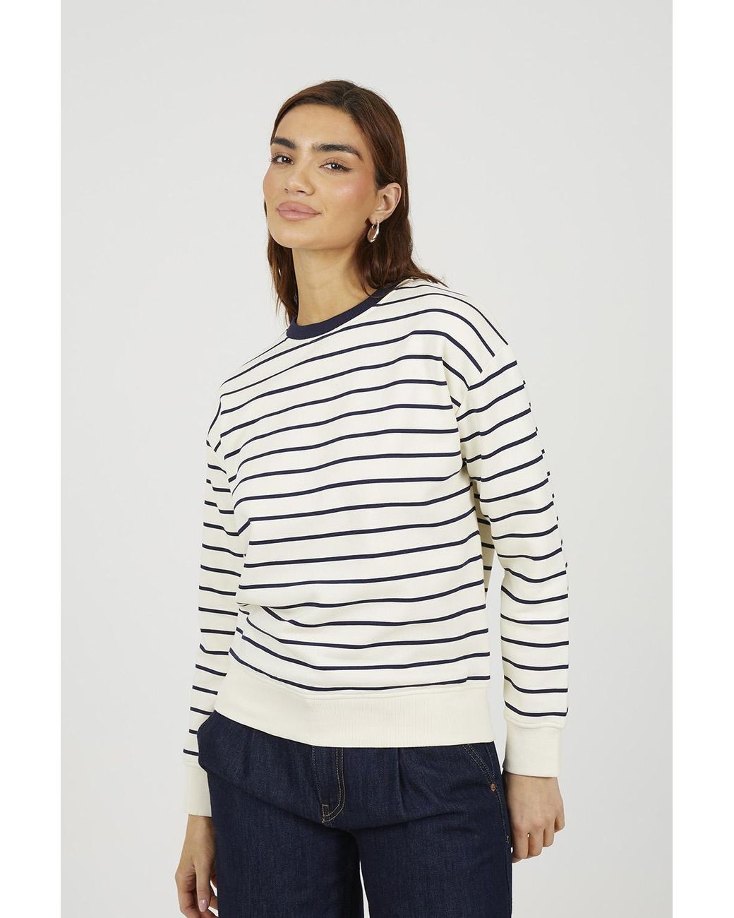 Brave Soul Gray Classic Stripe Crew Neck Sweatshirt Cotton