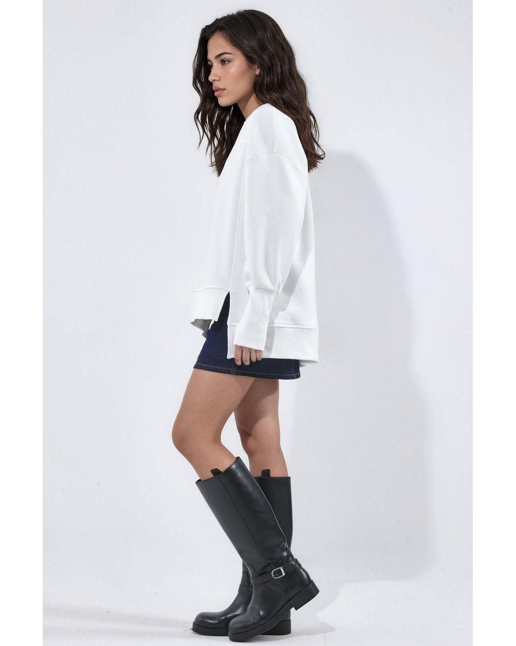 Hiccup White Crew Neck Oversized Sweatshirt With Front Slit