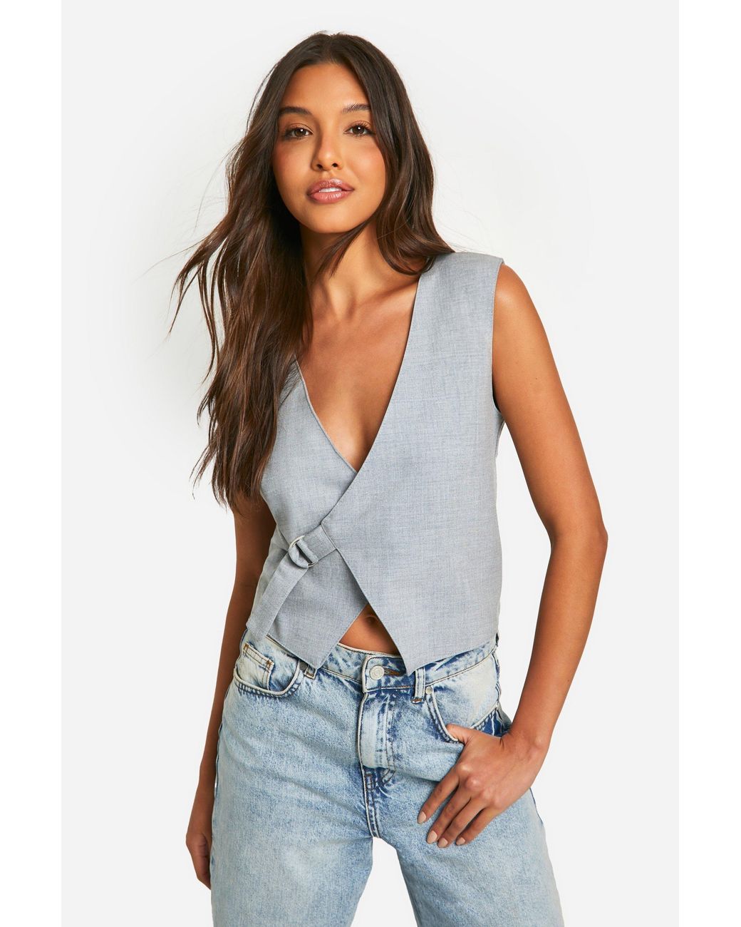 Boohoo Blue Woven Asymmetric Tie Side Waistcoat