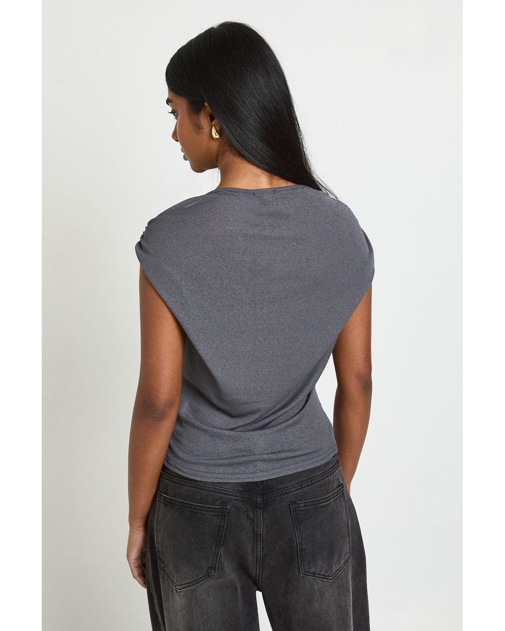 Boohoo Gray Sheer Draped Neck Sleeveless Top