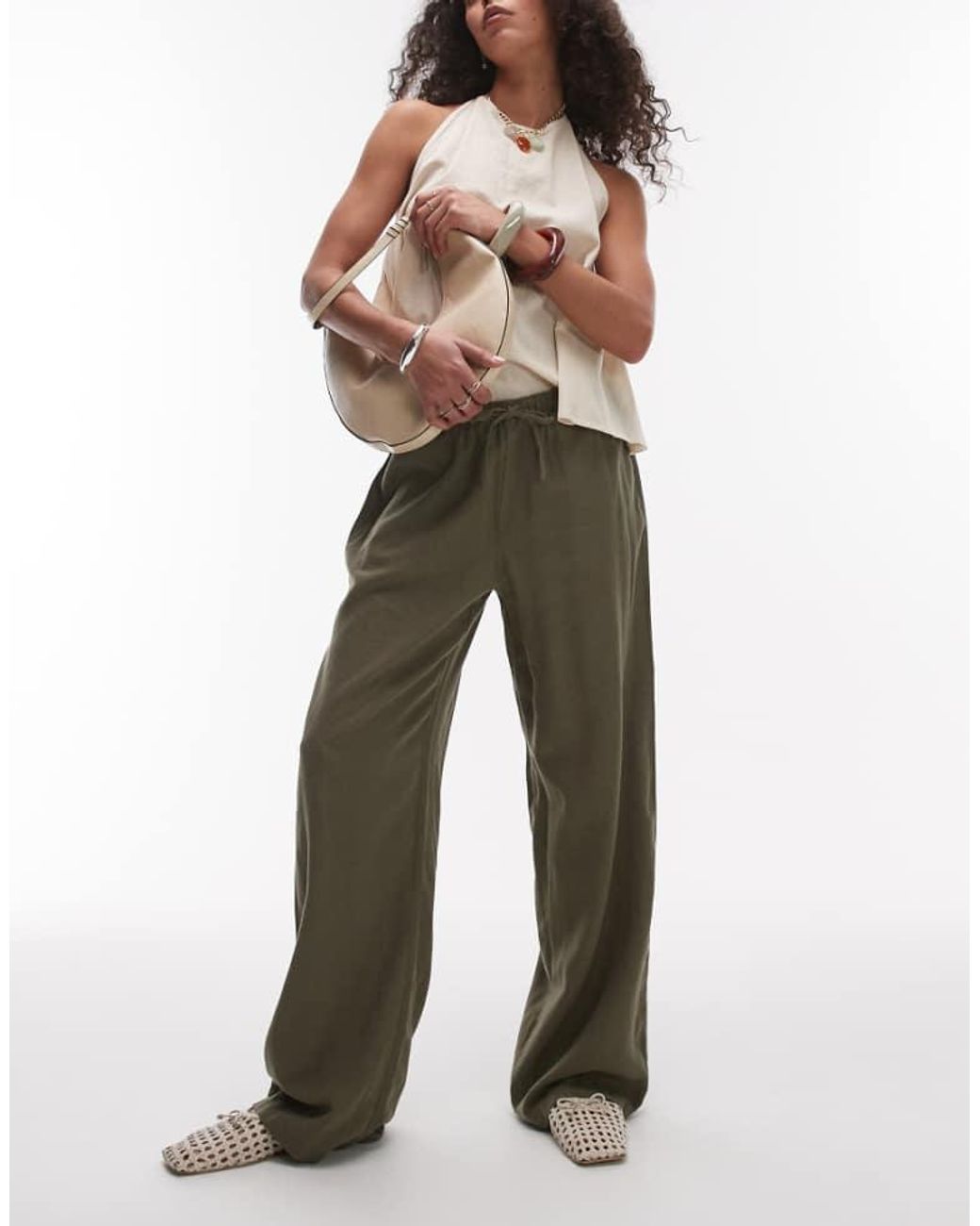 TOPSHOP Green Linen Straight Leg Trouser