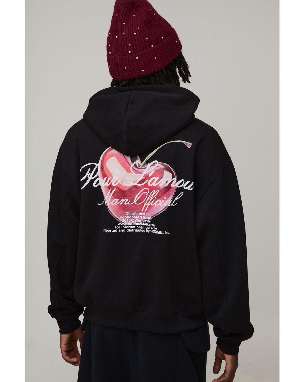 BoohooMAN Black Oversized Boxy Cherry Heart Zip Through Hoodie for men