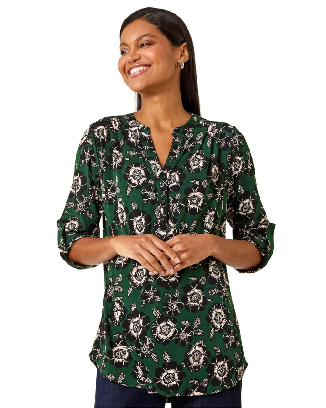 Roman Green Floral Puff Print Stretch Shirt