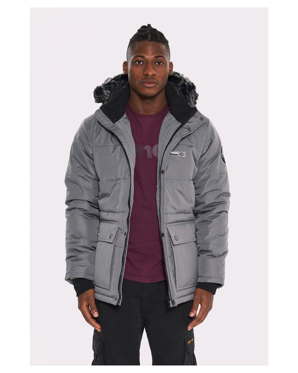 Bench Purple Grey koufax Quilted Longline Parka Jacket for men