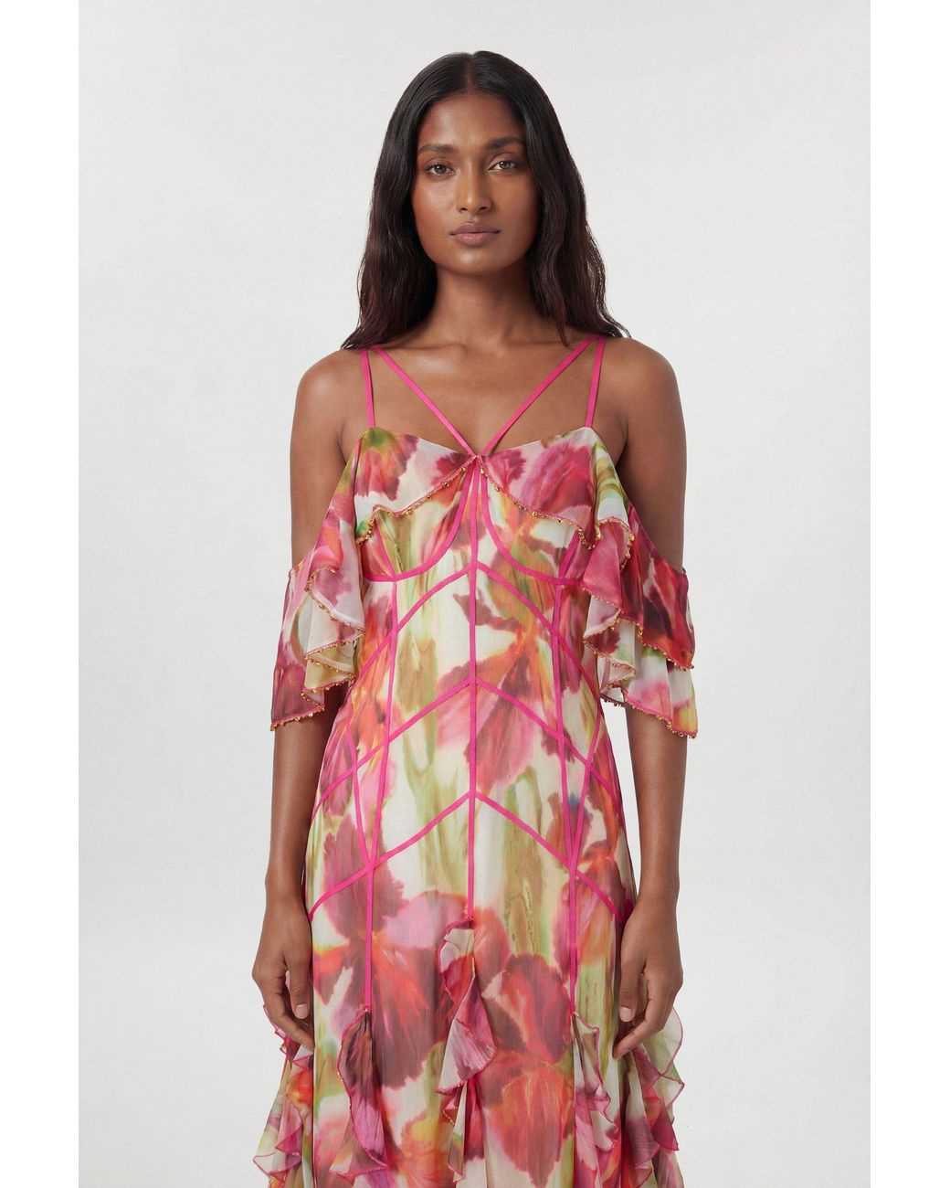 Karen Millen Red Crinkle Print Beaded Cold Shoulder Maxi Dress