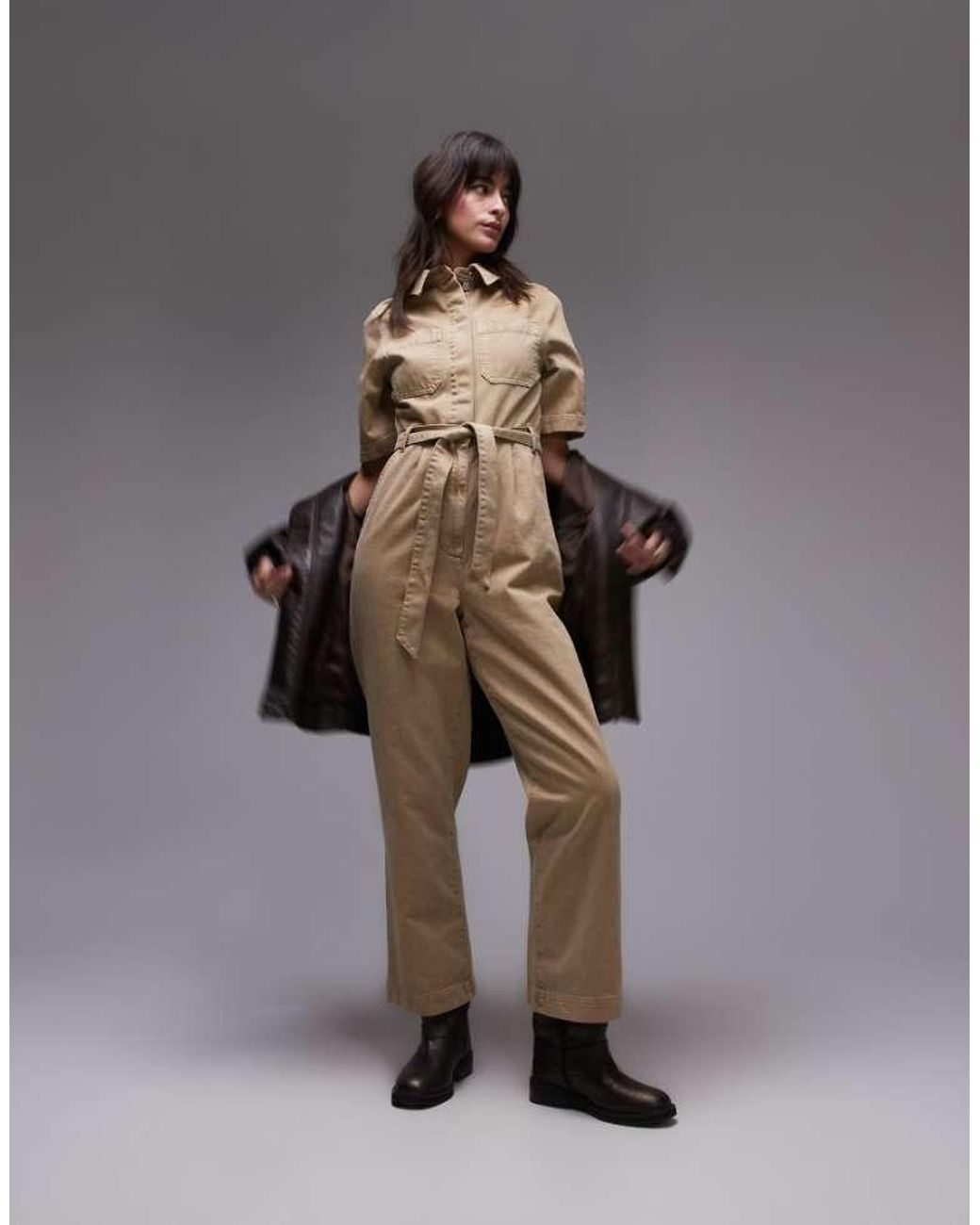 TOPSHOP Brown Short Sleeve Jumpsuit