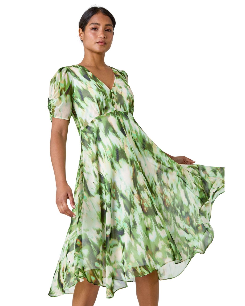 Roman Green Abstract Chiffon Hanky Hem Asymmetric Dress