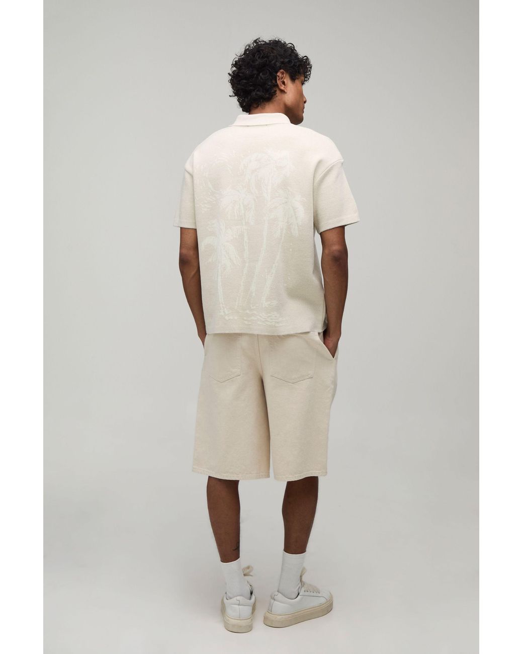 BoohooMAN White Relaxed Palm Scenic Jacquard Knitted Shirt for men