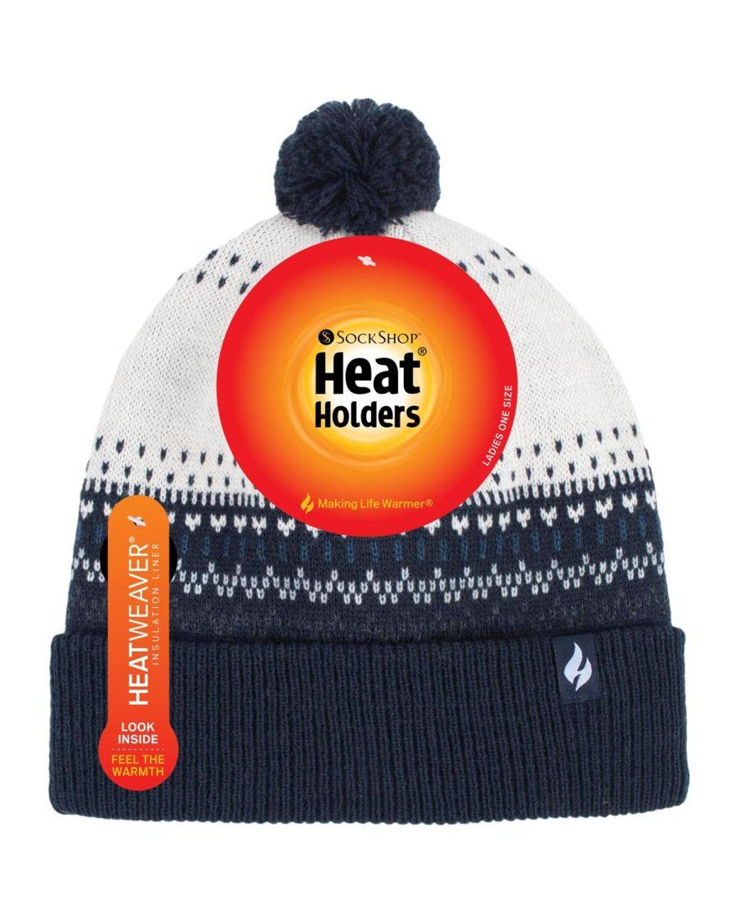 Heat Holders Blue Ladies Knitted Beanie Bobble Hat With Pom Pom