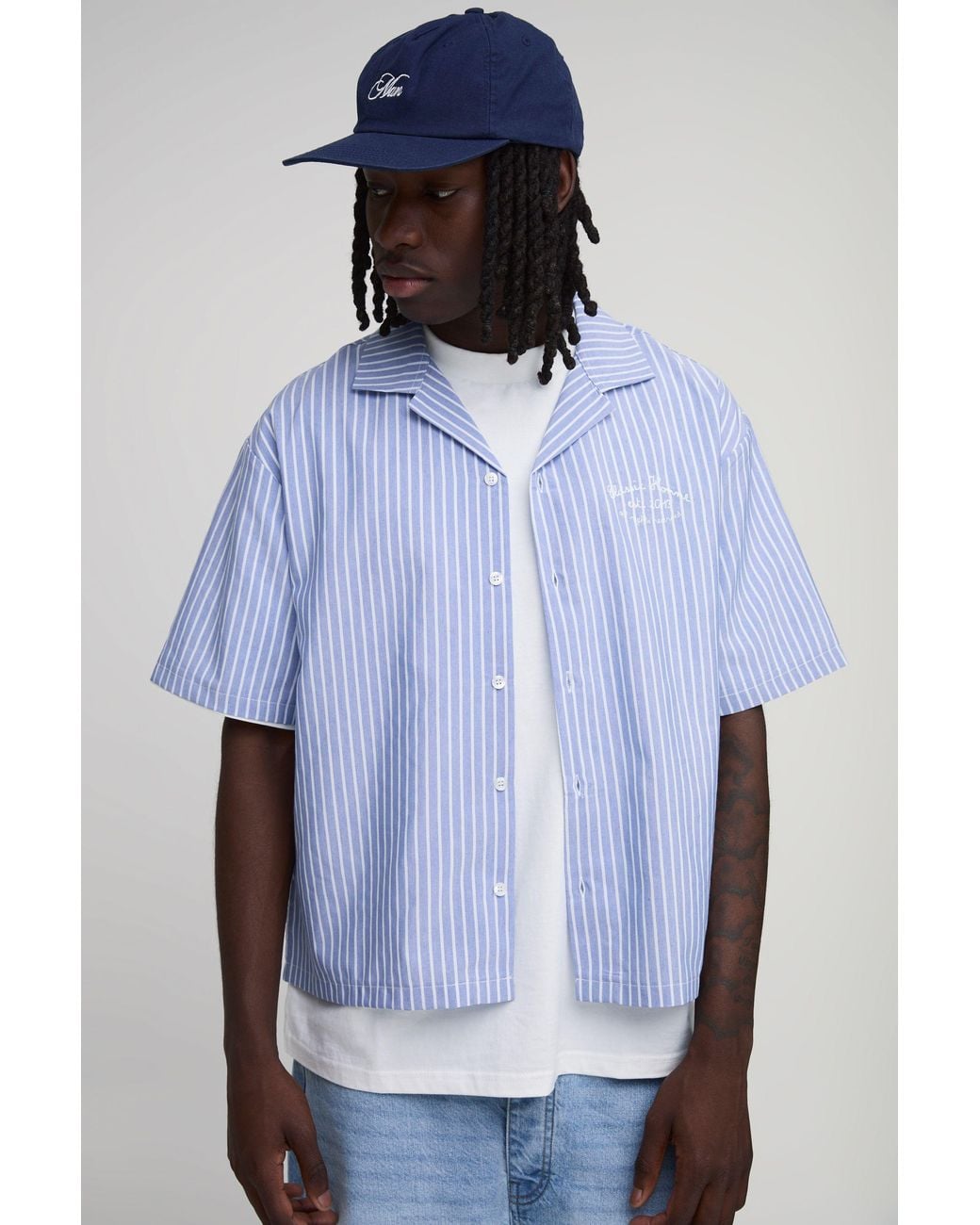 BoohooMAN Blue Oversized Boxy Stripe Revere Collar Shirt Cotton for men