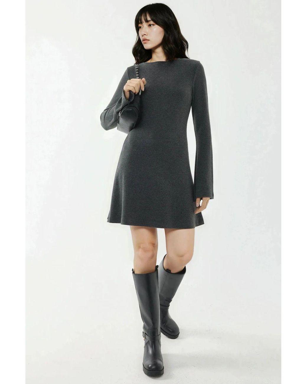 Hiccup Gray Textured Boat Neck Mini Dress