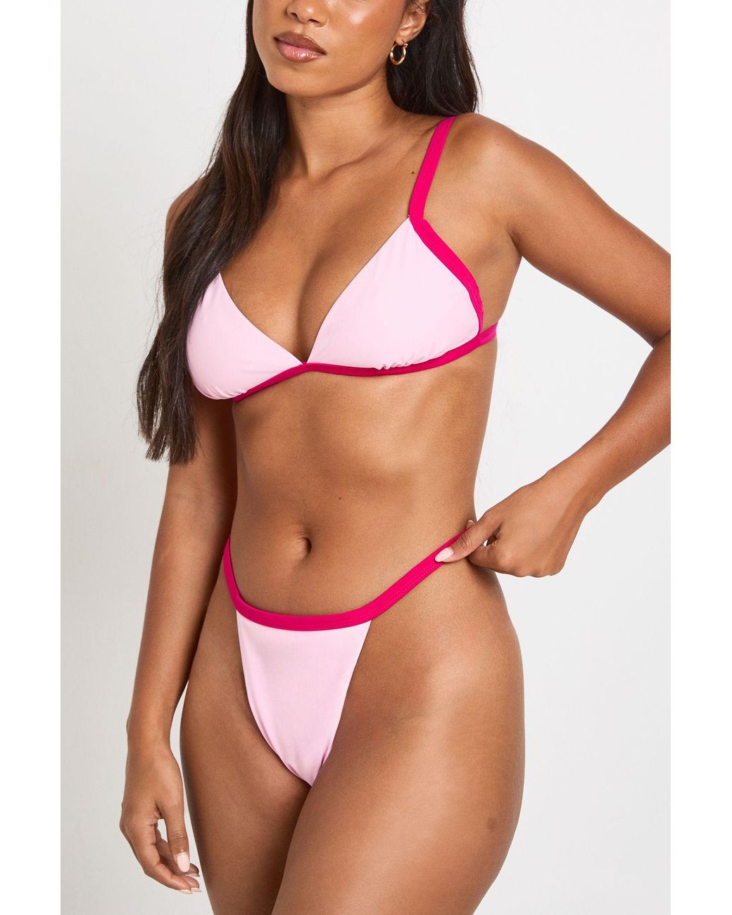 Boohoo Pink Contrast Binding Triangle Bikini Top And Tanga Bottoms