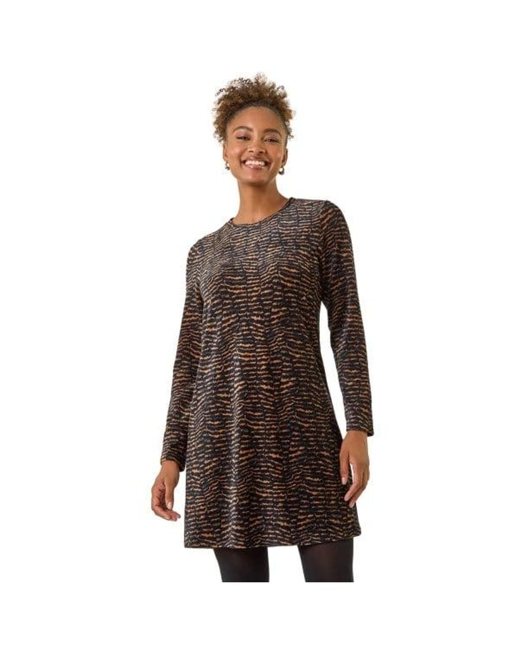 Roman Brown Abstract Print Swing Stretch Dress