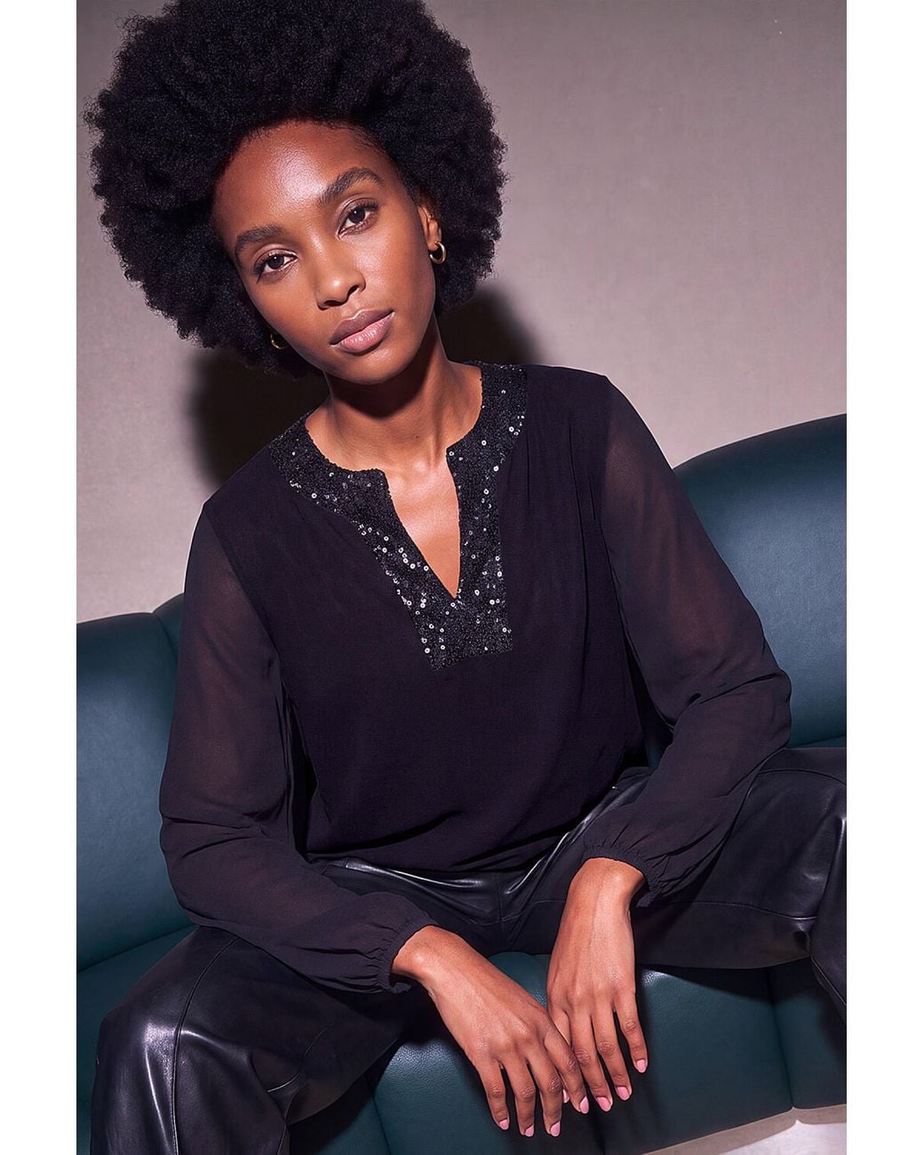 Roman Blue Sequin Neck Chiffon Top
