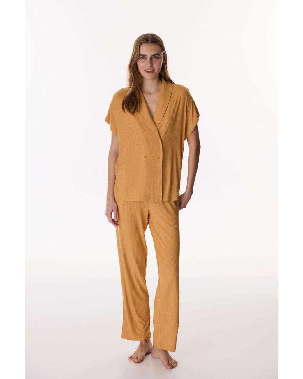 Penti Yellow Cinnamon Margot Ribbed Short-Sleeve Trousers Pyjama Set