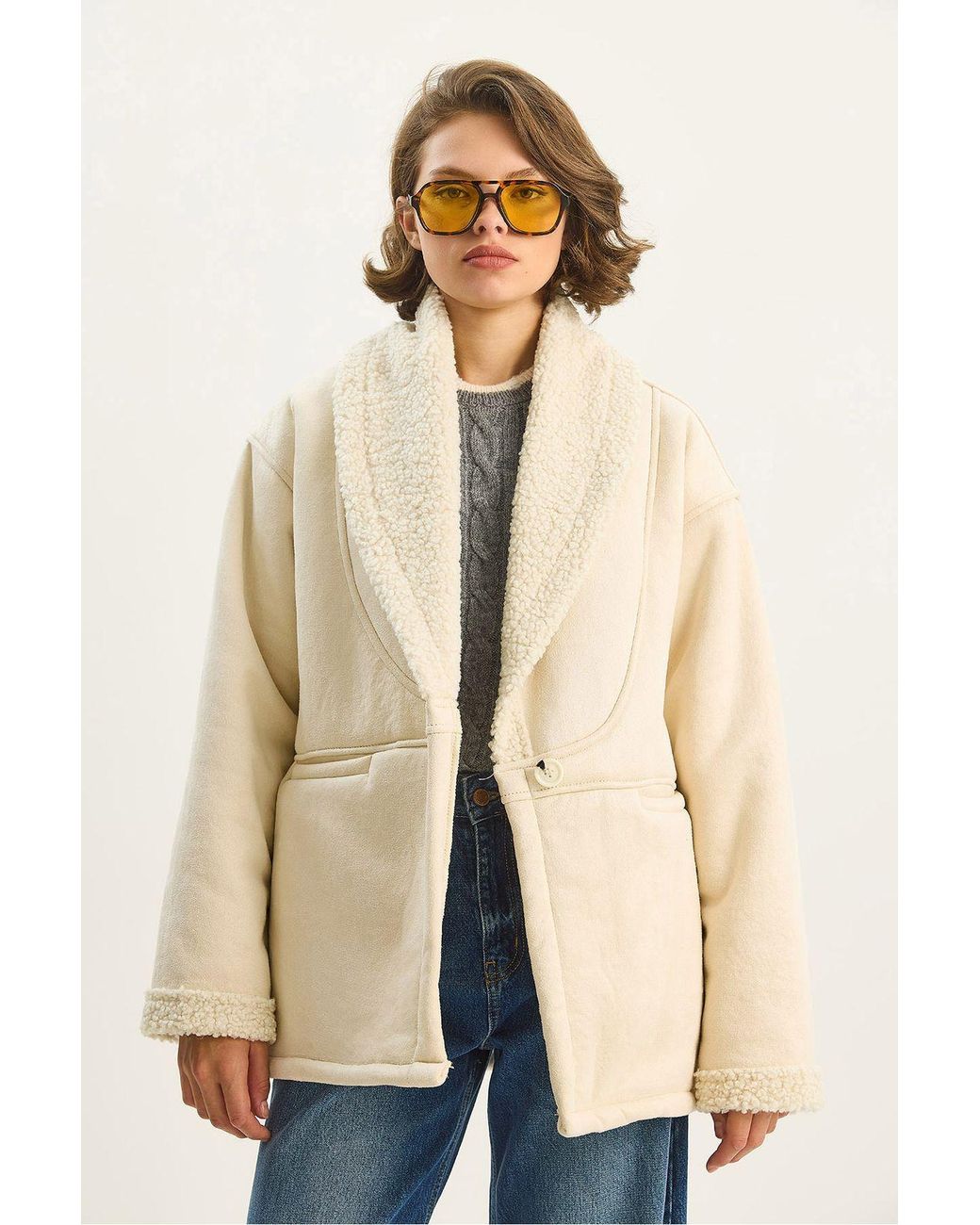 Bianco Lucci Blue Faux Fur Detailed Buttoned Coat