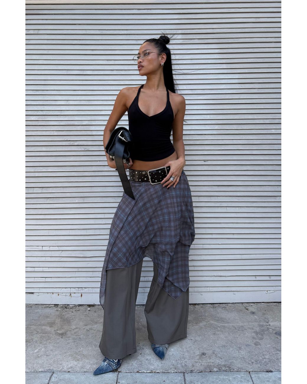 Boohoo Gray Chiffon Hanky Hem Check Midi Skirt