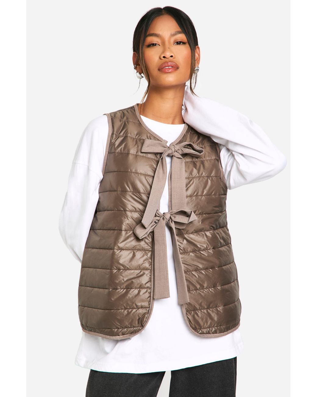 Boohoo Brown Bow Detail Padded Gilet