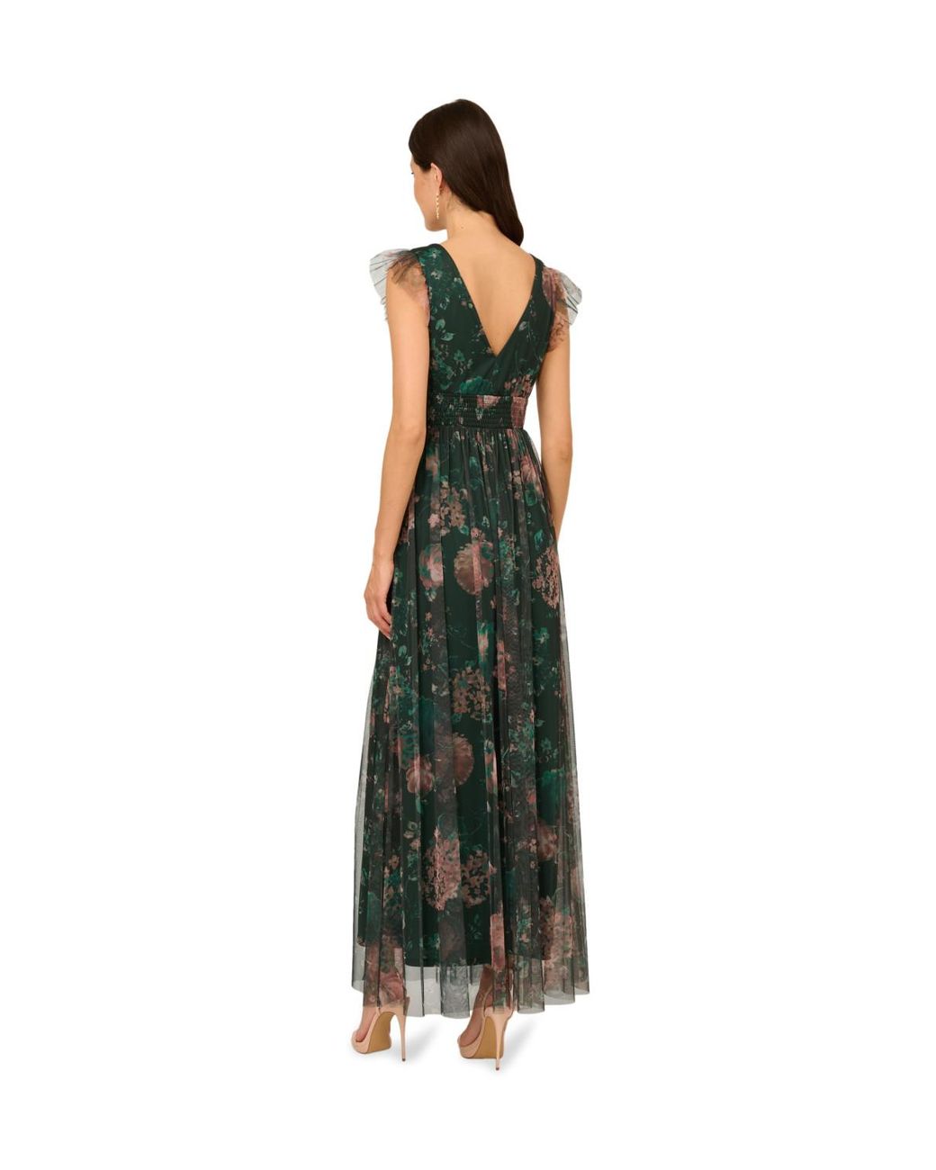 Adrianna Papell Green Print Tulle Maxi Dress