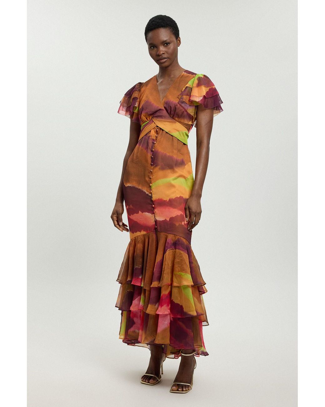 Karen Millen Red Abstract Print Ruffle Sleeve Button Through Midi Dress