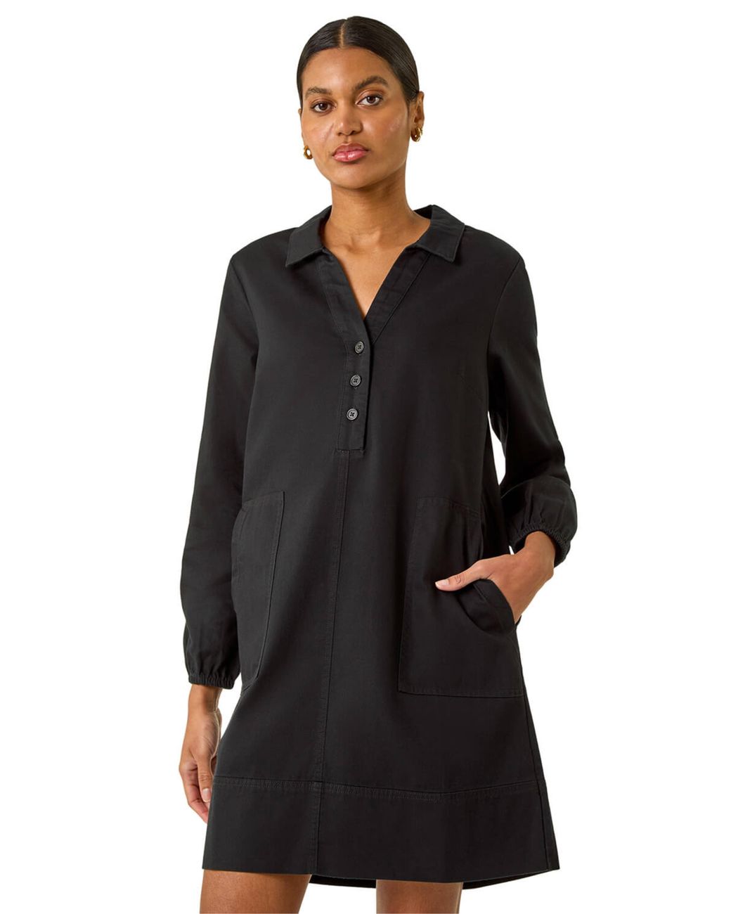 Roman Black Collared Shift Shirt Dress