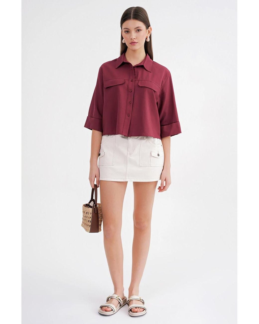 MixRay Red Short Sleeve Crop Poplin Shirt