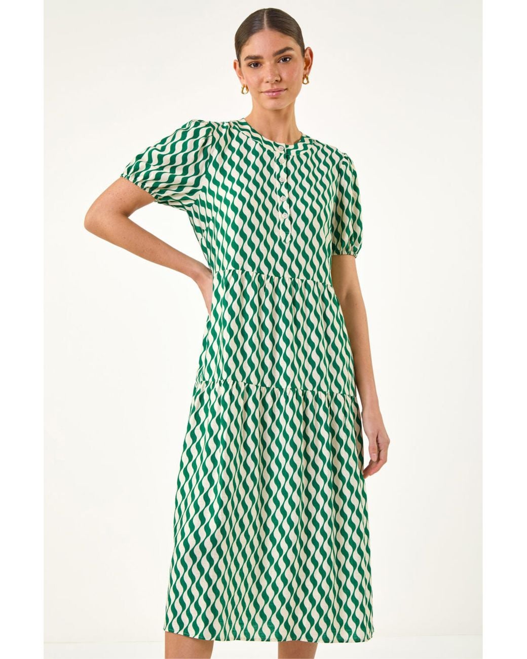 Roman Green Geo Print Button Shirt Midi Dress