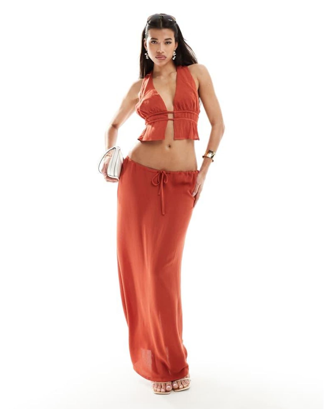 Kaiia Red Exclusive Sleeveless Plunge Tie Back Top Co-Ord