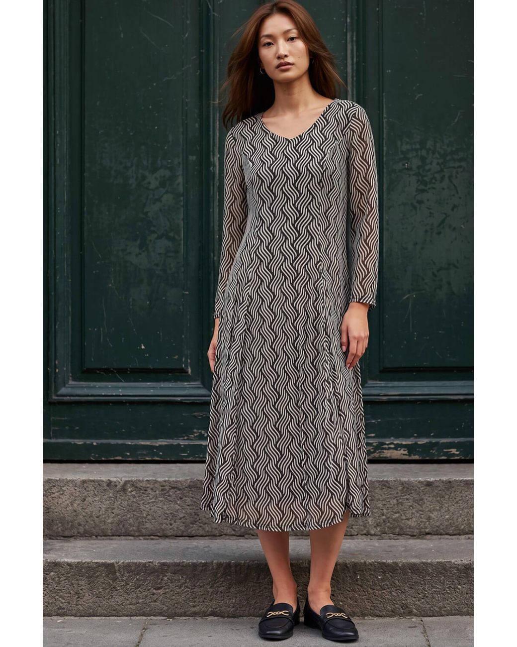 Roman Gray Geo Print Mesh Midi Dress