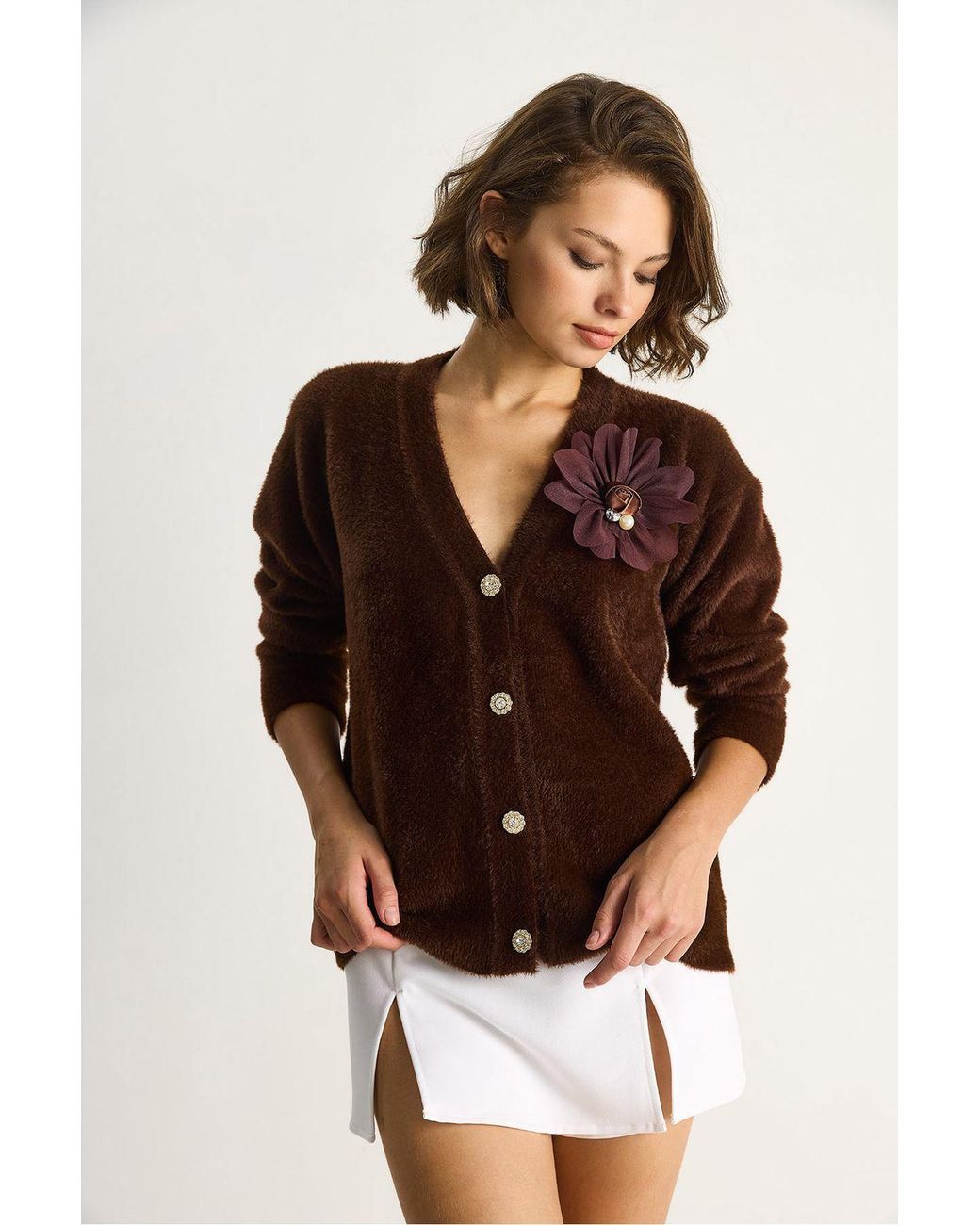 Bianco Lucci Brown Embroidered V-Neck Button-Up Cardigan