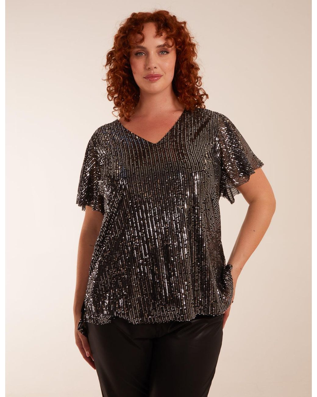 Blue Vanilla Black Curve Angel Sleeve V-Neck Sequin Top